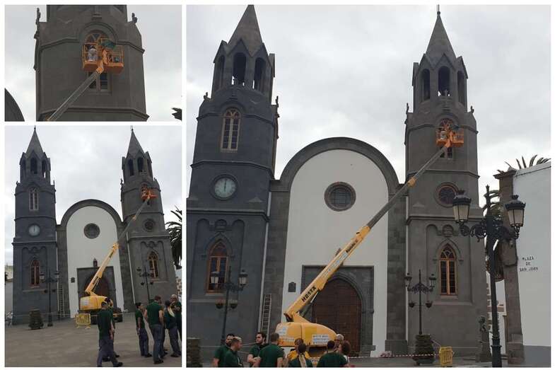 Obras de barnizado de las ventanas de las torres (Foto TA)
